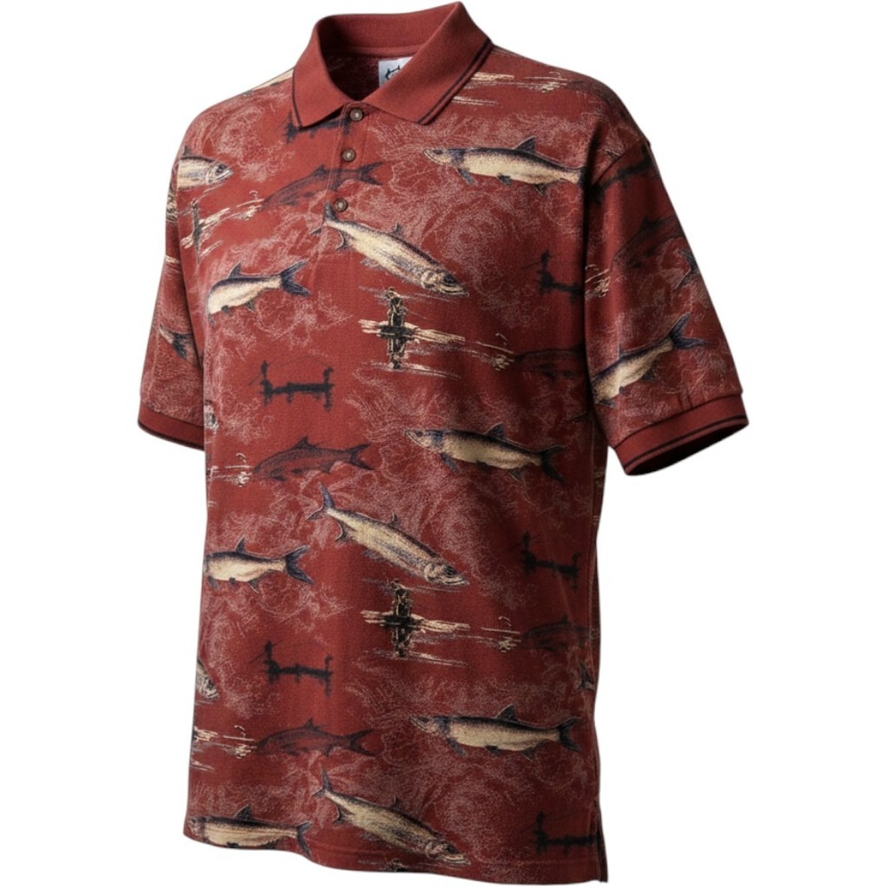 World Wide Sportsman 3 Button-Front Polo Style S/S mens Shirt MED fish pattern